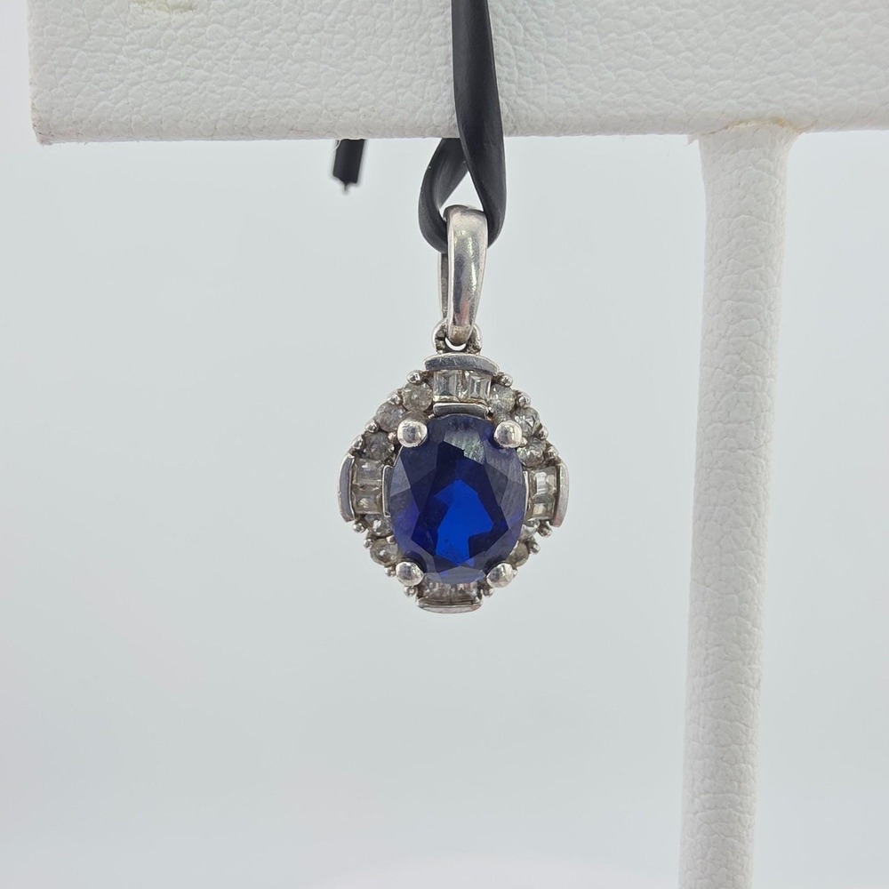 MASTERPIECE DIAMONDS Sapphire Pendant Genuine Diamond Halo 925 Sterling Silver
